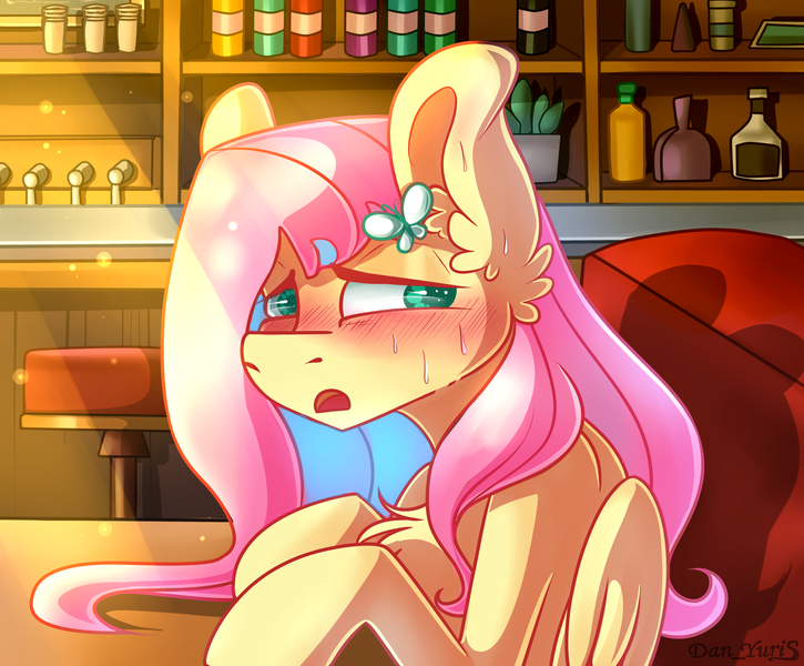 Size: 2169x1795 | Tagged: safe, artist:yuris, derpibooru import, fluttershy, pegasus, pony, blushing, cafe, ears up, image, open mouth, png, sitting, solo