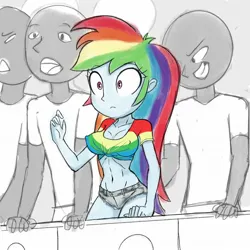 Size: 2048x2048 | Tagged: suggestive, artist:stammis, derpibooru import, rainbow dash, equestria girls, clothes, daisy dukes, erect nipples, front knot midriff, image, jpeg, midriff, nipple outline, shorts, solo focus