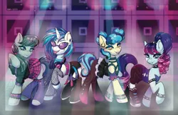 Size: 2599x1677 | Tagged: safe, artist:in4ri_, artist:koapony, derpibooru import, coloratura, octavia melody, sapphire shores, vinyl scratch, earth pony, pony, unicorn, :p, alternate hairstyle, belt, boots, bracelet, choker, clothes, collaboration, corset, countess coloratura, ear fluff, ear piercing, earring, eyeshadow, face tattoo, female, fishnets, headphones, image, jacket, jewelry, jpeg, leather, leather jacket, lights, lip piercing, makeup, mare, open mouth, pants, piercing, shoes, shorts, skirt, snake bites, socks, spiked choker, spiked wristband, stage, stirrup stockings, stirrups, stockings, tanktop, tattoo, thigh highs, toeless legwear, toeless stockings, tongue out, tongue piercing, vinyl's glasses, wristband
