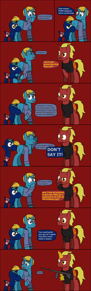 Size: 792x2515 | Tagged: safe, artist:j-yoshi64, derpibooru import, oc, oc:firebrand, ponified, unofficial characters only, earth pony, human, hybrid, pony, unicorn, yoshi, comic:taking a self-insert too seriously, analysis bronies, blonde hair, blue coat, comic, dialogue, facehoof, green mane, gun, hoofbump, human in equestria, image, levitation, magic, male, png, red coat, reference to another series, rifle, self insert, speech bubble, stallion, telekinesis, text, title drop, weapon