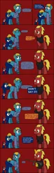 Size: 792x2515 | Tagged: safe, artist:j-yoshi64, derpibooru import, oc, oc:firebrand, ponified, unofficial characters only, earth pony, human, hybrid, pony, unicorn, yoshi, comic:taking a self-insert too seriously, analysis bronies, blonde hair, blue coat, comic, dialogue, facehoof, green mane, gun, hoofbump, human in equestria, image, levitation, magic, male, png, red coat, reference to another series, rifle, self insert, speech bubble, stallion, telekinesis, text, title drop, weapon