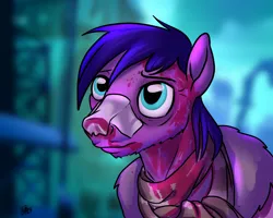 Size: 2500x2000 | Tagged: safe, artist:potes, derpibooru import, ponerpics import, ponybooru import, oc, oc:diamond tip, ponified, unofficial characters only, earth pony, pony, bandaid, bandaid on nose, beard, blade runner 2049, blood, clothes, facial hair, frostpunk, image, male, neon, parody, png, sad, scarf, solo, species swap, stallion, tired