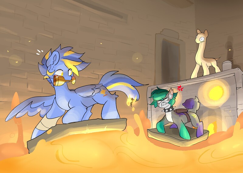 Size: 4000x2853 | Tagged: safe, artist:madiwann, derpibooru import, oc, oc:hunder, oc:shining trophy, earth pony, pegasus, pony, chase, collar, fire, gold, image, jpeg, lava, looking at each other, looking at someone, looking back, male, mouth hold, spiked collar, stallion, stealing, temple