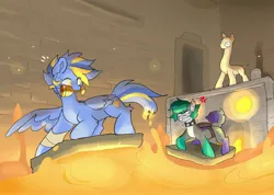 Size: 4000x2853 | Tagged: safe, artist:madiwann, derpibooru import, oc, oc:hunder, oc:shining trophy, earth pony, pegasus, pony, chase, collar, fire, gold, image, jpeg, lava, looking at each other, looking at someone, looking back, male, mouth hold, spiked collar, stallion, stealing, temple