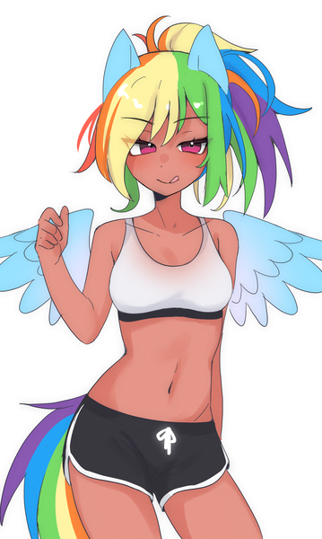 Size: 1344x2245 | Tagged: safe, artist:ivie, derpibooru import, kotobukiya, rainbow dash, human, belly button, clothes, humanized, image, kotobukiya rainbow dash, pixiv, png, shorts, solo, sports bra, tan