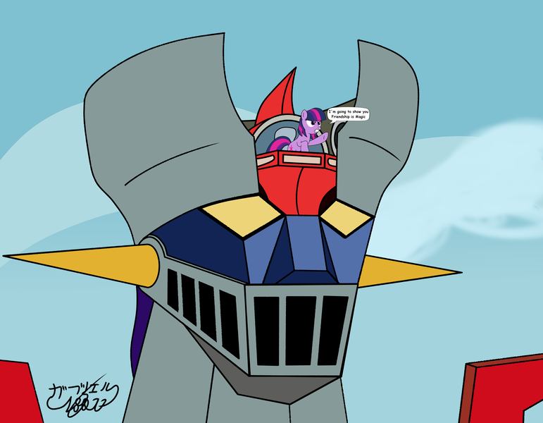 Size: 7015x5460 | Tagged: safe, artist:gabriel18017, derpibooru import, twilight sparkle, earth pony, pony, robot, crossover, female, image, mare, mazinger, mazinger z, mecha, parody, png, simple background, speech bubble, text