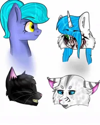 Size: 864x1080 | Tagged: safe, artist:deadsmoke, derpibooru import, oc, oc:kate sanders, oc:snowflake white, unofficial characters only, cat, earth pony, maine coon, siamese cat, unicorn, image, jpeg, scar, simple background, white background