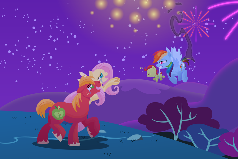 Size: 2880x1920 | Tagged: safe, anonymous artist, derpibooru import, big macintosh, fluttershy, rainbow dash, oc, oc:late riser, earth pony, pegasus, pony, series:fm holidays, baby, baby pony, bald tail, burned, burned butt, colt, crying, female, fireworks, fluttermac, flying, foal, frog (hoof), gritted teeth, high res, image, lineless, male, mare, mouth hold, no pupils, nose wrinkle, offspring, open mouth, open smile, outstretched hoof, parent:big macintosh, parent:fluttershy, parents:fluttermac, png, question mark, shipping, sleepy, smiling, smoke, stallion, straight, tears of joy, teeth, underhoof