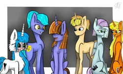 Size: 1280x768 | Tagged: safe, artist:deadsmoke, derpibooru import, oc, oc:alina breeze, oc:elina, oc:elisha sokol, oc:kate sanders, oc:snowflake white, oc:yui trup, abstract background, friends, image, jpeg, talking