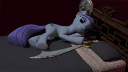 Size: 3840x2160 | Tagged: safe, artist:xafilah, derpibooru import, maud pie, earth pony, pony, 3d, bed, female, image, looking at you, lying down, mare, png, scimitar, shield, side, solo, sword, weapon