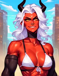 Size: 1792x2304 | Tagged: suggestive, derpibooru import, editor:vortexfury, machine learning generated, lord tirek, abstract background, ai content, antagonist, bikini, bikini top, breasts, clothes, collar, female, horns, image, lady tirek, muscles, nose piercing, nose ring, piercing, png, prompter:vortexfury, red skin, rule 63, smiling, smirk, solo, solo female, swimsuit, teeth, white hair, yellow eyes