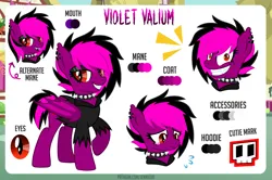 Size: 1100x732 | Tagged: safe, artist:jennieoo, derpibooru import, oc, oc:violet valium, bat pony, pony, collar, crazy face, faic, image, insanity, looking at you, piercing, png, reference, reference sheet, sad, show accurate, smiling, smiling at you, smug, solo, vector