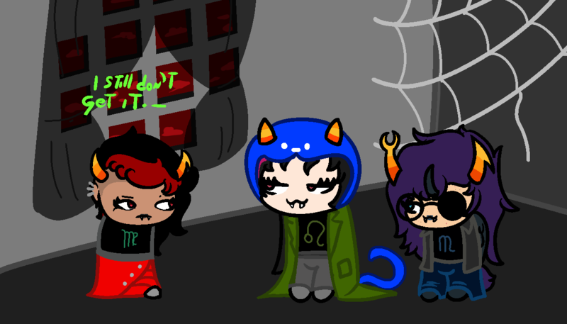 Size: 1300x742 | Tagged: safe, artist:lazerblues, derpibooru import, oc, oc:bella, oc:hiki, oc:mal, satyr, clothes, cosplay, costume, homestuck, horns, image, kanaya maryam, nepeta leijon, offspring, parent:oc:miss eri, parent:oc:nyx, png, vriska serket