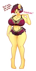 Size: 1538x3000 | Tagged: suggestive, artist:slavedemorto, derpibooru import, oc, unofficial characters only, anthro, earth pony, unguligrade anthro, belly button, big breasts, bra, breasts, busty oc, cleavage, clothes, dialogue, ear piercing, earring, eyeshadow, female, hooped earrings, huge breasts, image, jewelry, lingerie, makeup, panties, piercing, png, simple background, solo, solo female, talking to viewer, underwear, white background, wide hips