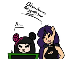 Size: 1300x1063 | Tagged: safe, artist:lazerblues, derpibooru import, oc, oc:hiki, oc:mal, satyr, choker, drawing tablet, image, offspring, parent:oc:miss eri, parent:oc:nyx, png