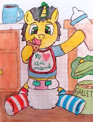 Size: 2960x3900 | Tagged: suggestive, artist:bitter sweetness, derpibooru import, oc, oc:bitter sweetness, unofficial characters only, unicorn, abdl, adult foal, baby bib, baby bottle, clothes, cookie, cookie jar, cup of coffee, diaper, diaper dry, diaper fetish, dry diaper, fetish, food, glow, glowing horn, graph paper, green eyes, hooves, horn, image, kitchen, looking at you, magic, male, non-baby in diaper, open mouth, open smile, png, smiling, socks, spanish, striped socks, telekinesis, traditional art, translated in the description, wooden floor