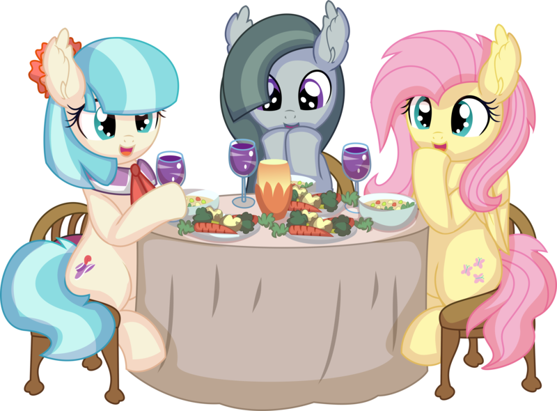 Size: 8843x6520 | Tagged: safe, artist:cyanlightning, derpibooru import, coco pommel, fluttershy, marble pie, earth pony, pegasus, pony, .svg available, absurd resolution, broccoli, canterlot, carrot, chair, drink, drinking, eating, female, food, glass, herbivore, image, mare, open mouth, plate, png, simple background, sitting, soup, table, the council of shy ponies, transparent background, trio, vector