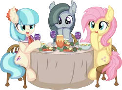Size: 8843x6520 | Tagged: safe, artist:cyanlightning, derpibooru import, coco pommel, fluttershy, marble pie, earth pony, pegasus, pony, .svg available, absurd resolution, broccoli, canterlot, carrot, chair, drink, drinking, eating, female, food, glass, herbivore, image, mare, open mouth, plate, png, simple background, sitting, soup, table, the council of shy ponies, transparent background, trio, vector