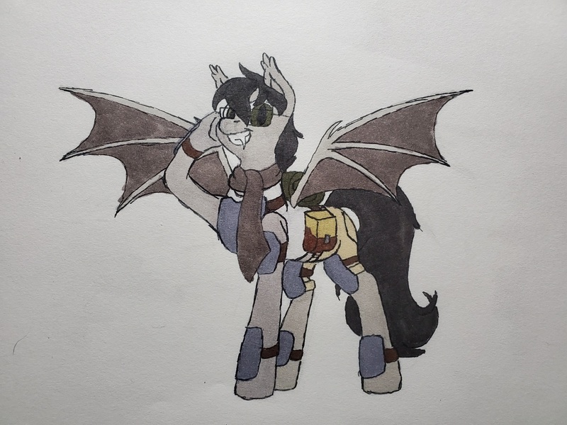 Size: 1612x1209 | Tagged: safe, artist:rustlerustle, derpibooru import, oc, oc:cornerstone, unofficial characters only, bat pony, armor, clothes, image, jpeg, salute, scarf, shorts, solo