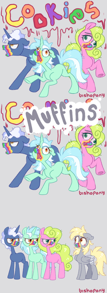 Size: 1100x3000 | Tagged: safe, artist:bishopony, derpibooru import, derpy hooves, lyra heartstrings, pokey pierce, earth pony, pegasus, pony, unicorn, blushing, comic, cookie zombie, female, floppy ears, food, gray background, image, male, mare, muffin, png, rainbow muzzle, signature, simple background, stallion, that pony sure does love muffins
