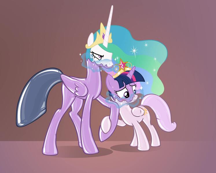 Size: 1931x1551 | Tagged: suggestive, edit, editor:anonymous, princess celestia, twilight sparkle, twilight sparkle (alicorn), alicorn, pony, /mlp/ latex requests, annoyed, awkward, awkward smile, blushing, bodysuit, bondage, bound, bound wings, brown background, clothes, crown, cutie mark, cutie mark accessory, cutie mark on clothes, duo, duo female, encasement, ethereal mane, female, females only, fetish, frown, gradient background, holding hooves, image, impatient, implied princess luna, jewelry, jpeg, latex, latex fetish, latex suit, liquid latex, magic, mare, mask, masking, multicolored mane, nose wrinkle, pink tail, purple coat, purple eyes, regalia, rubber, rubber suit, shiny, show accurate, simple background, smiling, sparkles, standing, sweat, tail, white coat, willing, wings