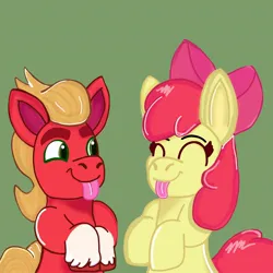 Size: 1378x1378 | Tagged: safe, artist:applebloomyloves, derpibooru import, apple bloom, sprout cloverleaf, earth pony, pony, g5, :p, adorabloom, caption, closed, cute, eyes closed, female, filly, foal, g4, happy, image, jpeg, male, sproutbetes, stallion, text, tongue out, unshorn fetlocks
