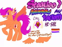 Size: 1080x835 | Tagged: safe, artist:material.girl.sinclair, derpibooru import, scootaloo, fanfic:rainbow factory, alternate cutie mark, alternate universe, ear piercing, fanfic art, image, jpeg, lesbian pride flag, piercing, pride, pride flag, pronouns, rainbow factory au, reference sheet, simple background, solo, white background