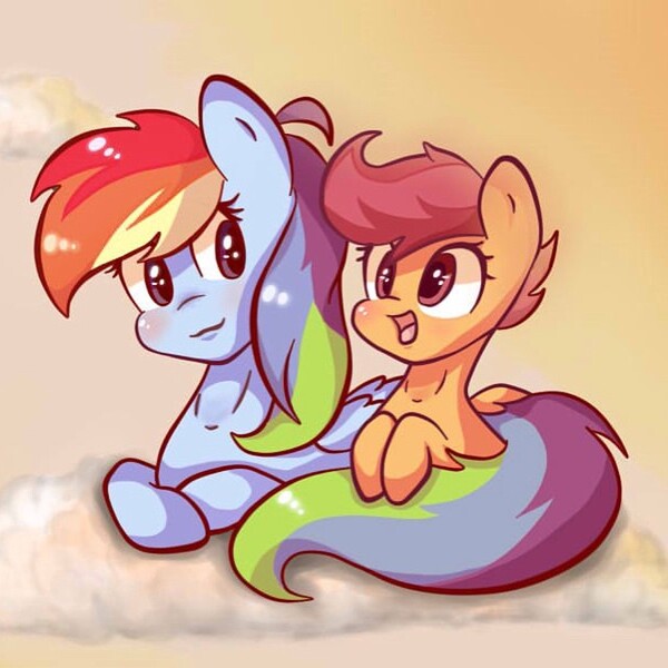 Size: 640x640 | Tagged: safe, artist:von-seay, derpibooru import, rainbow dash, scootaloo, pegasus, pony, blushing, cloud, cloudy, cute, cutealoo, dashabetes, duo, duo female, female, filly, foal, folded wings, happy, image, jpeg, lying down, mare, open mouth, open smile, prone, scootalove, smiling, wings