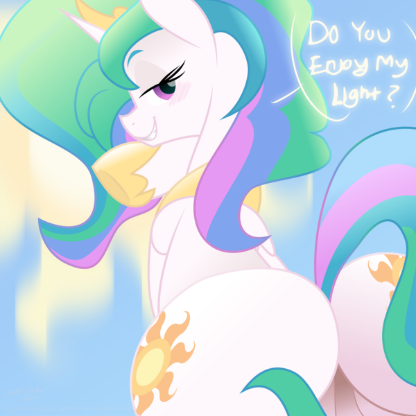 Size: 5709x5709 | Tagged: questionable, alternate version, artist:celine-artnsfw, artist:dashiesparkle, artist:lincolnbrewsterfan, derpibooru import, edit, editor:nc-tv, vector edit, princess celestia, alicorn, pony, .svg available, alternate design, bedroom eyes, blush lines, blushing, butt, cameltoe, colored, colored eyebrows, colored lineart, derpibooru exclusive, dialogue, female, folded wings, glow, grin, highlights, hoof heart, horn, huge butt, image, inkscape, large butt, lidded eyes, long mane, looking at you, looking back, mane, mare, motion blur, nc-tv signature, plot, plump, png, praise the sun, pudgy, purple eyes, pussy peek, raised hoof, raised tail, rear view, remastered, shading, signature, simple background, sketch, smiling, solo, solo female, spread legs, spreading, sultry gaze, sun, sunbutt, sunshine, tail, text, text edit, the ass was fat, underhoof, vector, website, wings