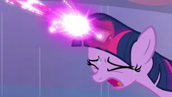 Size: 1280x720 | Tagged: safe, derpibooru import, screencap, twilight sparkle, twilight sparkle (alicorn), alicorn, pony, the crystalling, blast, eyes closed, female, image, magic, magic blast, mare, open mouth, out of context, png, solo, sweat