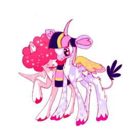 Size: 1000x1000 | Tagged: safe, artist:sugvr_alien, derpibooru import, pinkie pie, twilight sparkle, twilight sparkle (alicorn), alicorn, bat pony, cow, cow pony, pony, alternate design, duo, female, image, lesbian, nose piercing, nose ring, piercing, png, race swap, shipping, simple background, species swap, twinkie, twitterina design, white background