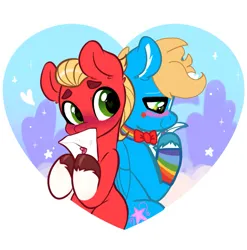 Size: 1359x1378 | Tagged: safe, derpibooru import, oc, earth pony, pegasus, pony, the maud couple, blushing, image, letter, png, sprout cloverleaf esmerald looking