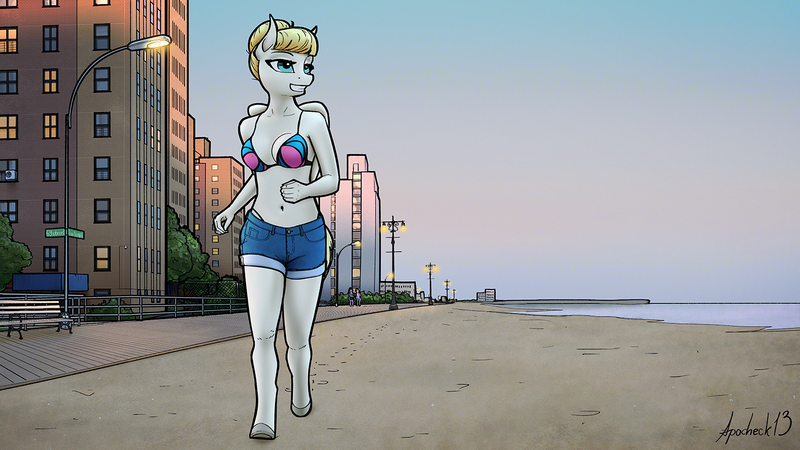 Size: 1440x810 | Tagged: suggestive, artist:apocheck13, derpibooru import, oc, unofficial characters only, anthro, pegasus, unguligrade anthro, beach, bikini, breasts, city, clothes, daisy dukes, female, image, pegasus oc, png, running, shorts, solo, solo female, swimsuit, wings