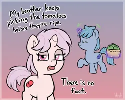 Size: 1694x1364 | Tagged: safe, artist:heretichesh, derpibooru import, oc, oc:blue pill, oc:red pill, unofficial characters only, pony, unicorn, basket, brother and sister, colt, dialogue, duo, eyes closed, female, filly, foal, food, gradient background, image, jpeg, levitation, lidded eyes, magic, male, siblings, smiling, talking to viewer, telekinesis, tomato, unamused
