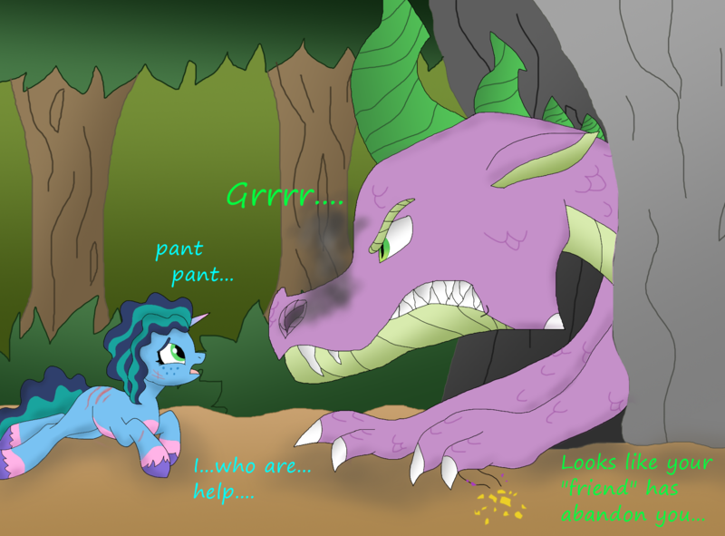 Size: 1781x1316 | Tagged: safe, artist:bluestar386, derpibooru import, spike, dragon, pony, unicorn, g5, alternate hairstyle, angry, freckles, gritted teeth, image, injured, misty brightdawn, older, older spike, open mouth, png, smoke, teeth, tree