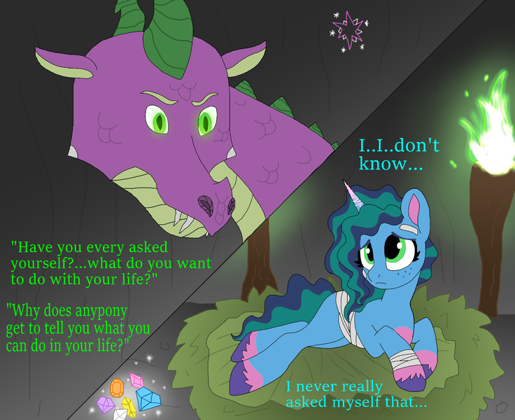 Size: 1520x1239 | Tagged: safe, artist:bluestar386, derpibooru import, spike, dragon, pony, unicorn, g5, alternate hairstyle, bandage, cave, fire, image, long description, misspelling, misty brightdawn, older, older spike, png