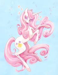 Size: 927x1200 | Tagged: safe, artist:fleebites, derpibooru import, fleur-de-lis, pony, unicorn, blue background, female, image, jpeg, lidded eyes, looking at you, mare, rearing, simple background, smiling, smiling at you, solo