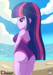 Size: 2893x4092 | Tagged: suggestive, artist:minusclass, derpibooru import, twilight sparkle, human, equestria girls, ass, beach, breasts, busty twilight sparkle, butt, clothes, female, high res, image, jpeg, ocean, one-piece swimsuit, patreon, patreon logo, solo, solo female, swimsuit, twibutt, water