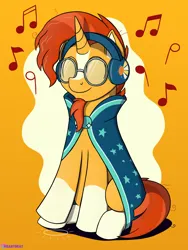 Size: 1500x1995 | Tagged: safe, artist:passionpanther, derpibooru import, sunburst, pony, unicorn, series:ponies with headphones, glasses, headphones, image, music notes, png, simple background, smiling, solo, tapping, yellow background
