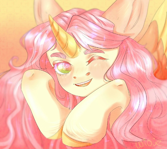 Size: 1600x1431 | Tagged: safe, derpibooru import, oc, oc:peach tao, alicorn, pony, bust, horn, image, jpeg, looking at you, not fluttershy, one eye closed, portrait, smiling, smiling at you, wings, wink