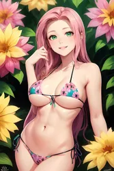 Size: 1024x1536 | Tagged: suggestive, derpibooru import, editor:sammykun, machine learning generated, fluttershy, human, ai content, beach, belly button, big breasts, breasts, busty fluttershy, female, floral print, flower, flower in hair, humanized, image, looking at you, midriff, plant, png, pose, prompter:sammykun, smiling, solo, stupid sexy fluttershy, sultry pose, tree