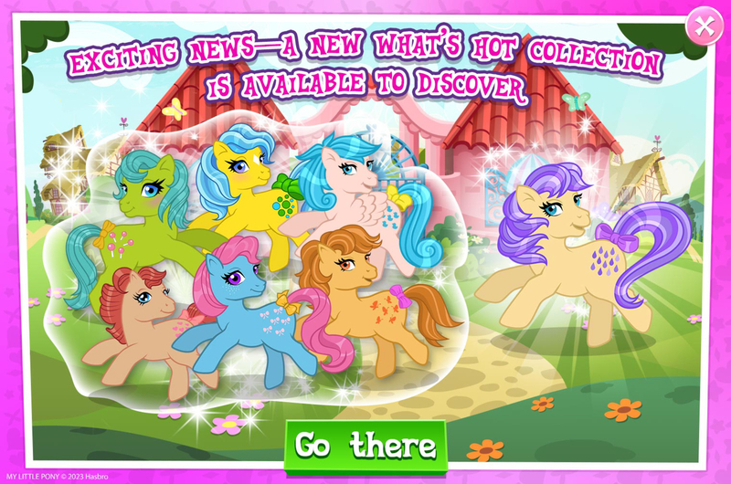 Size: 1964x1300 | Tagged: safe, derpibooru import, idw, official, bubbles (g1), butterscotch (g1), lemon drop, peachy, sprinkles (g1), tootsie, earth pony, pegasus, pony, g1, advertisement, bow, bow tie (g1), collection, english, female, g4, gameloft, group, idw showified, image, jpeg, mare, mobile game, my little pony: magic princess, spread wings, tail, tail bow, text, wings