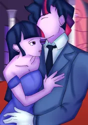 Size: 2480x3508 | Tagged: safe, artist:sh4deshad0w41, derpibooru import, twilight sparkle, human, blurry background, duo, dusk shine, eyes closed, female, hand on chest, hand on hip, humanized, image, jpeg, male, rule 63, self paradox, self ponidox, selfcest, shipping, straight