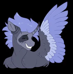 Size: 828x843 | Tagged: safe, artist:venommocity, oc, oc:panther, unofficial characters only, alicorn, pony, alicorn oc, black background, bust, eyes closed, face markings, horn, image, jpeg, male, offspring, one wing out, parent:king sombra, parent:princess luna, parents:lumbra, simple background, smiling, solo, stallion, two toned wings, wings