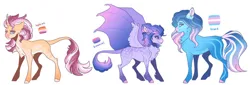 Size: 826x282 | Tagged: safe, artist:venommocity, oc, unofficial characters only, bat pony, earth pony, pony, unicorn, adoptable, bat wings, bisexual pride flag, coat markings, colored hooves, colored wings, curved horn, female, gradient hooves, gradient wings, horn, hybrid wings, image, jpeg, leonine tail, lesbian pride flag, mare, pale belly, pride, pride flag, simple background, transgender pride flag, white background, wings