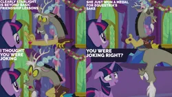 Size: 2000x1125 | Tagged: safe, derpibooru import, edit, edited screencap, editor:quoterific, screencap, discord, twilight sparkle, twilight sparkle (alicorn), alicorn, celestial advice, equestrian pink heart of courage, image, nervous, png, sweat, twilight's castle