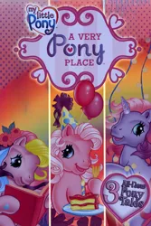 Size: 960x1440 | Tagged: safe, derpibooru import, cheerilee (g3), pinkie pie (g3), storybelle, earth pony, pony, unicorn, a very pony place, come back lily lightly, g3, positively pink, two for the sky, balloon, birthday cake, book, cake, candle, food, fork, hat, image, jpeg, looking at you, my little pony logo, party hat, poster, reading