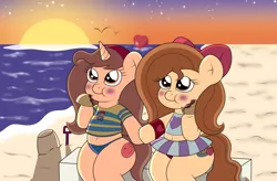 Size: 4259x2800 | Tagged: safe, artist:sparkfler85, derpibooru import, oc, oc:flani bainilye, oc:hymyt, unofficial characters only, earth pony, pony, unicorn, beach, belly button, blushing, bow, bracelet, chubby, clothes, cute, derpibooru exclusive, earthbound, eating, female, food, freckles, hair bow, hairband, heart, heart eyes, image, implied incest, implied lesbian, jewelry, ness, panties, png, shirt, sitting, skirt, striped shirt, striped skirt, sunset, taco, underwear, wingding eyes