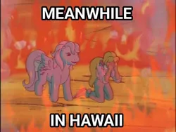 Size: 720x540 | Tagged: safe, ponerpics import, ponybooru import, screencap, megan williams, wind whistler, human, pegasus, pony, g1, my little pony 'n friends, the magic coins, crying, current events, dissonance, doom, duo, female, fire, hand on face, hawaii, image, jpeg, kneeling, mare, megan's fire, smiling, surrounded, united states