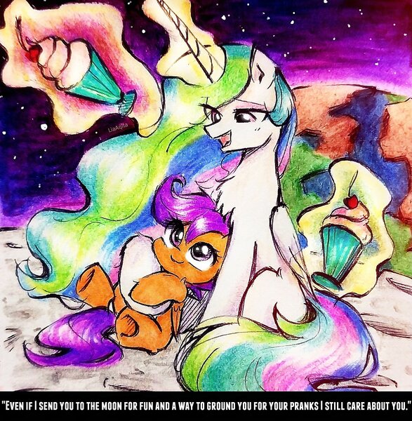 Size: 2289x2339 | Tagged: safe, artist:liaaqila, derpibooru import, princess celestia, scootaloo, alicorn, pegasus, pony, chest fluff, cute, cutealoo, duo, duo female, eye clipping through hair, female, filly, foal, folded wings, glow, glowing horn, horn, hug, image, jpeg, levitation, magic, magic aura, mare, moon, on the moon, open mouth, scootalove, space, stars, talking, telekinesis, text, underhoof, wings